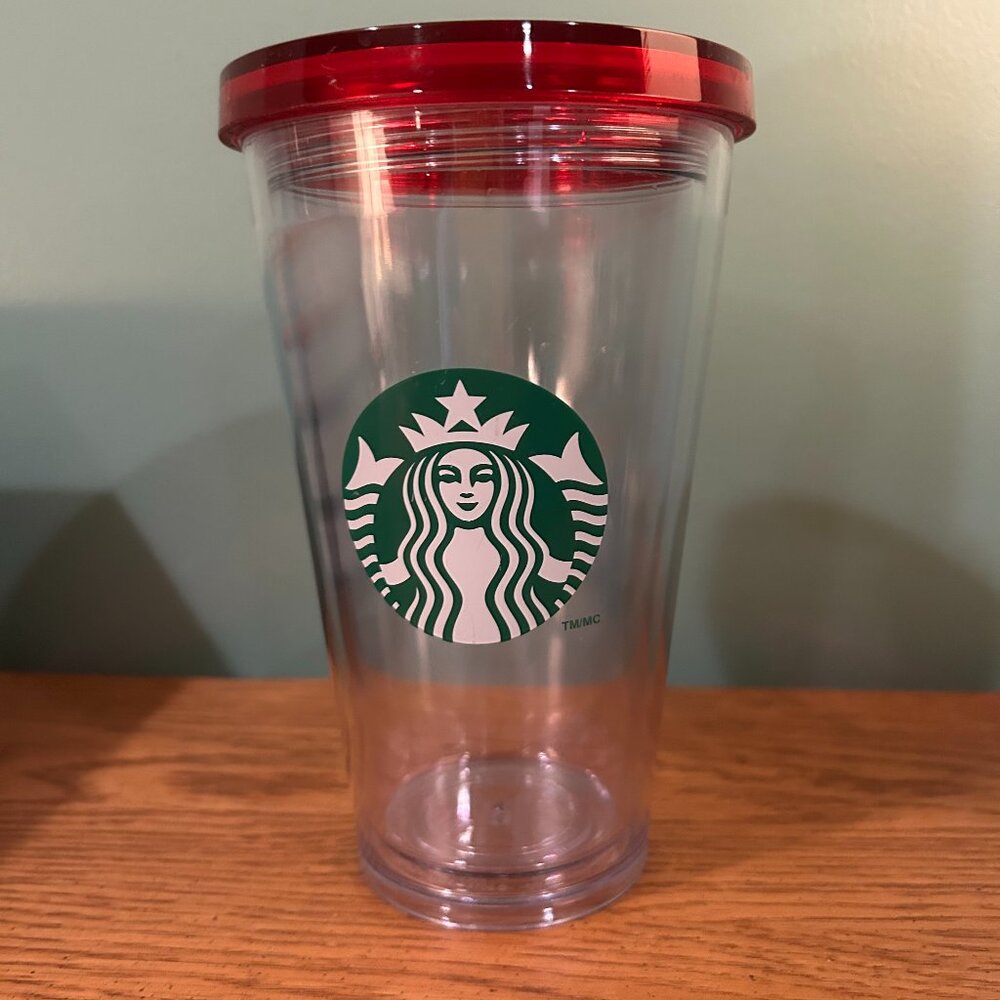 STARBUCKS CLEAR/RED 16 OZ CUP GENTLY USED